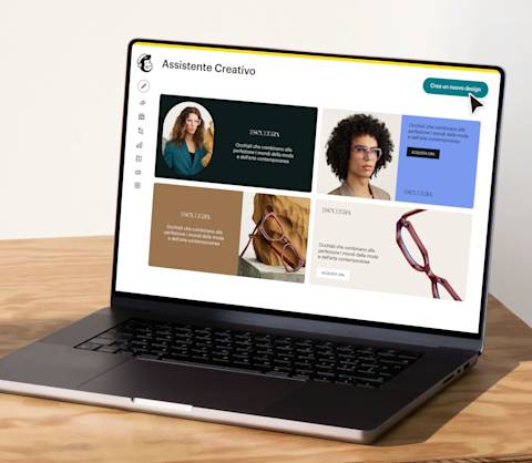 Immagine di un laptop con uno schermo che visualizza la funzionalità Creative Assistant di Mailchimp. L'immagine mostra i design generati dal brand fittizio Escultura, dimostrando come gli strumenti di creazione di contenuti assistiti dall'AI possano aiutare a sviluppare contenuti di Marketing unici e personalizzati.