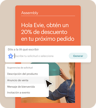 Interfaz de usuario simplificada de Mailchimp que muestra la creación de contenido mediante IA. Una empresa puede proporcionar una indicación personalizada o elegir entre una serie de sugerencias para generar un titular como "¡Hola, Evie, obtén un 20 % de descuento en tu próximo pedido!". Las opciones incluyen: descripción del producto, anuncio de ofertas, mensaje de bienvenida e invitación a un evento.