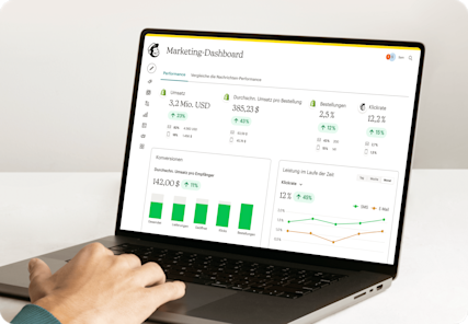 Ein Laptop mit der E-Mail zur Ankündigung des Jahresverkaufs auf dem Bildschirm – Verfolge, analysiere und optimiere deine Wirkung – damit du mehr verkaufen kannst