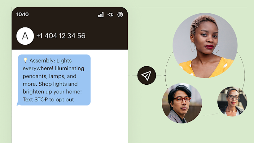 Mobile phone screen showing a text message about Assembly lighting products with circular profile photos of three people connected in a chat interface