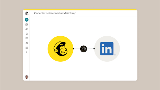 Interfaz de conexión que muestra el logotipo de Mailchimp en un círculo amarillo vinculado al logotipo de LinkedIn en azul, con la opción de conectar o desconectar