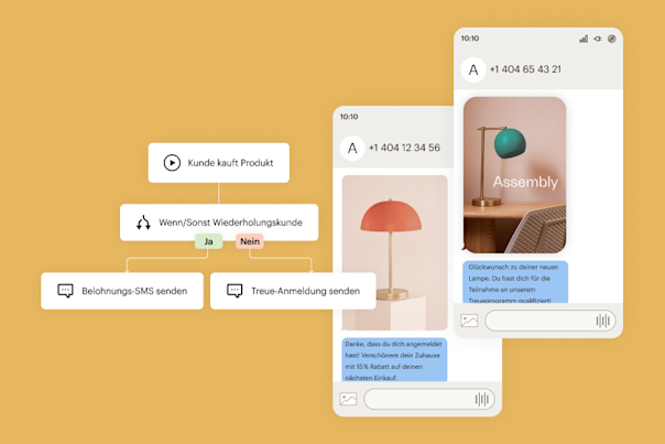 Zwei SMS-Nachrichten, die von Mailchimp gesendet wurden. Links davon befindet sich ein Journey-Flow, der bestimmt, ob einem Kunden eine Prämien-SMS oder eine Treue-Anmelde-SMS gesendet werden soll.


