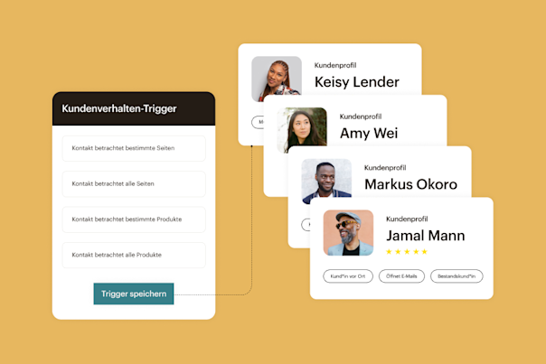 Ein Kundenverhaltenstrigger mit 4 Optionen. Vier verschiedene Kundenprofile auf der rechten Seite.