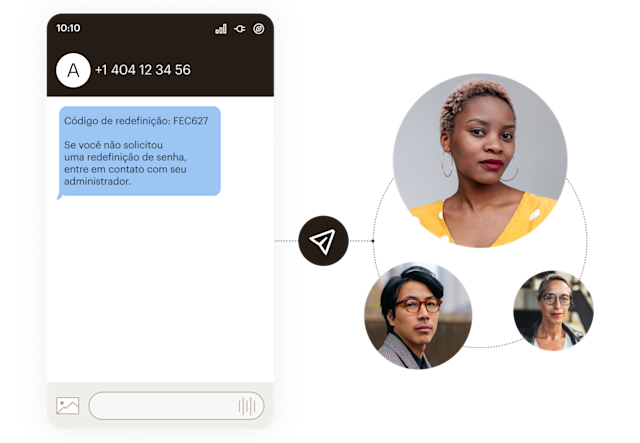 Interface de dispositivo móvel exibindo o código de redefinição de senha FEC627 com fotos de perfil conectadas por linhas pontilhadas em um padrão circular